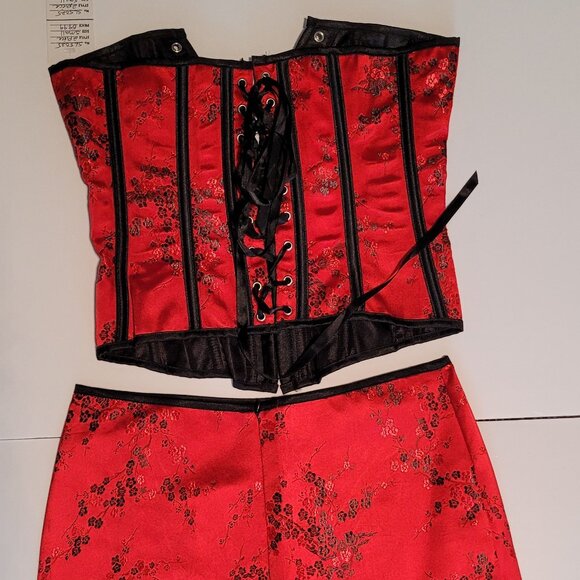 Women Lace Up Red/Black Bustier Corset & Skirt Burlesque Top Waist Cincher - Picture 3 of 5